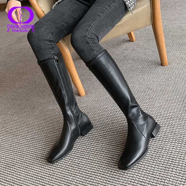 

boots aimeigao 2021 winter genuine leather long women office lady square toe med heels shoes female platform knee-high, Black