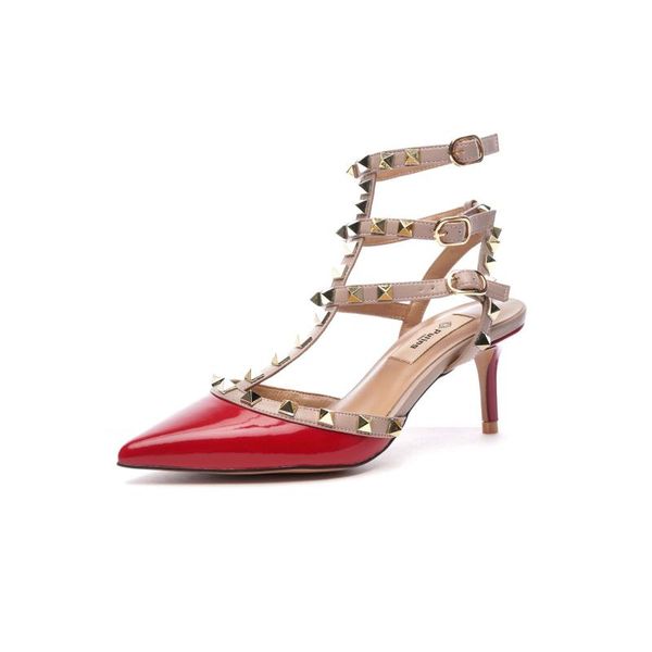

lady pointed toe red patent leather gold rivets studs sandals, Black