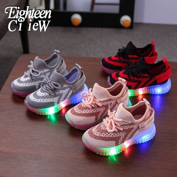 

новые детские светодиодные тапки мальчики моды свет обувь девушки светящиеся кроссовки baby fashion трикотажное поверхность детской обуви, Black