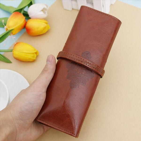 

women vintage cosmetic bag pencil pen casse pouch pocket brush holder pu leather travel make up bag toiletry organizer holder