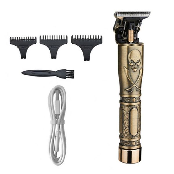 

professional men t-blade outliner electric hair clipper skull embossed metal hair trimmer usb rechargeable cutter machine
