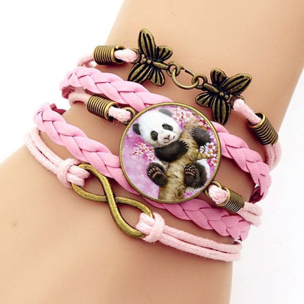 

new fashion cute panda crystal glass bracelet pink multi-layer braided leather bracelet female jewelry gift, Black