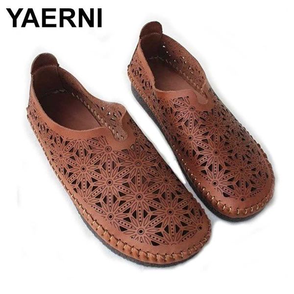 

yaerni punch hollow flat soft sole single shoes retro breathable full pure leather upper leather layer cowhide women's shoes, Black