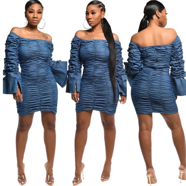 

2020 summer women dress european and american style model solid-color strapless bell-sleeves denim dress, Black;gray