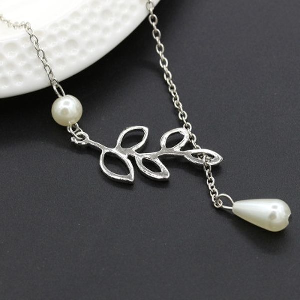 

new fashion leaf imitation pearl drop necklace for women girl accessories jewelry wholesale, Silver