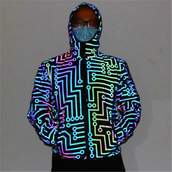 

circuit fashion pattern jackets man coat male reflective designer iridescent reflection casual new hip-hop colorful hooded zipper outer sluj, Black