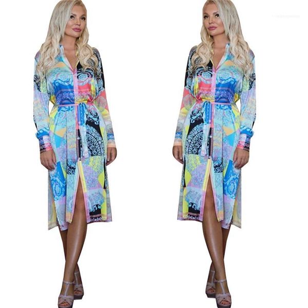 

sundress summer womens designer floral printed dresses slim casual stand collar dresses long sleeve sashes womens, Black;gray