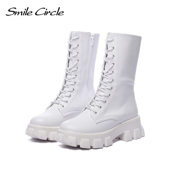 

smile circle women boots female 2020 new autumn british wind lace up thick with short boots motorcycle women shoes, Black