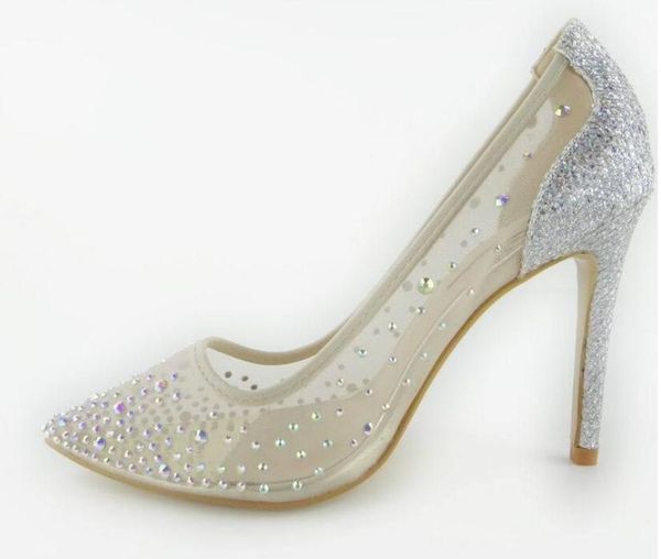 

classics women wedding shoes 10cm nude mesh cloth pointed high heels stiletto pumps single shoes women nude color rhinestones, Black