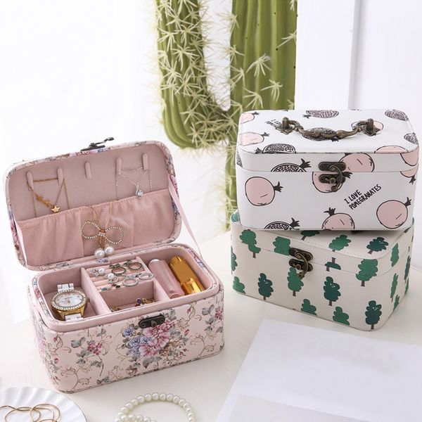 

pu makeup organizer women travel jewelry box earrings necklace rings bracelet display case beauty stud collection accessories mx200810, Black;white