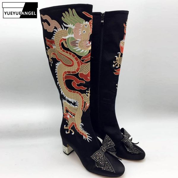

personality embroidery dragon bow diamonds womens high heels boots autumn winter high street round toe zip female satin boots, Black