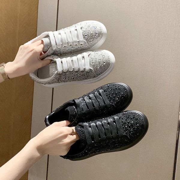 

casual woman shoe round toe korean shoes shallow mouth all-match crystal black flats platform 2020 rhinestone small