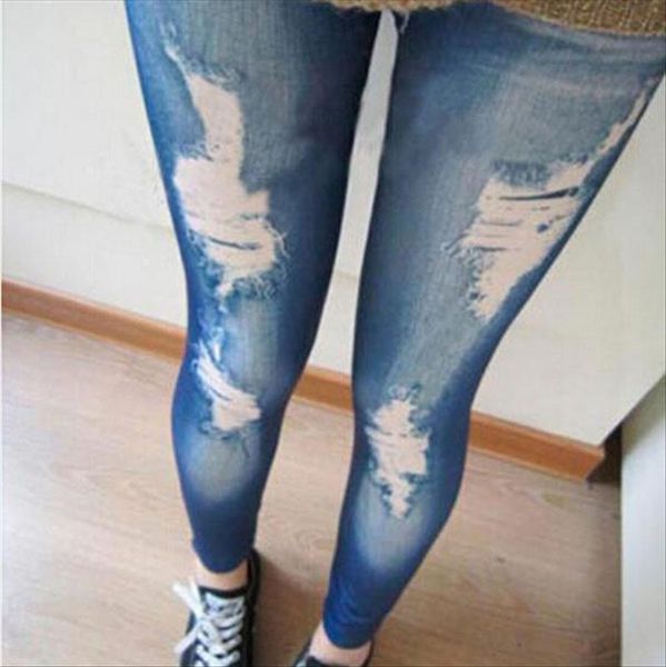 

korean blue black new fashion women leggings fitness leggins slim false hole imitation jeans drop shipping