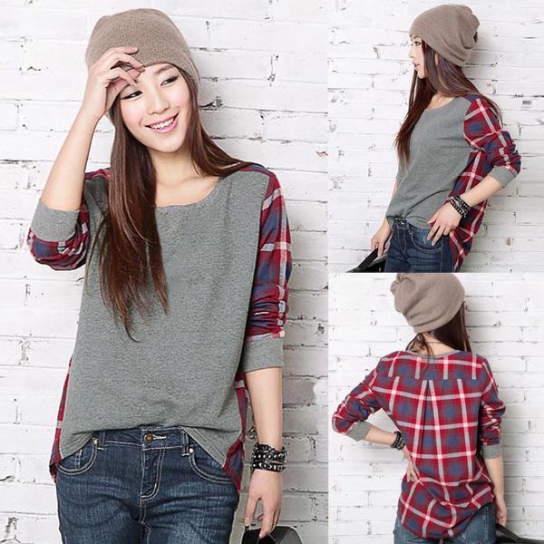 

women's blouses & shirts blouse women casual o neck splicing lattice plaid long sleeve bottoming sweatshirt, White
