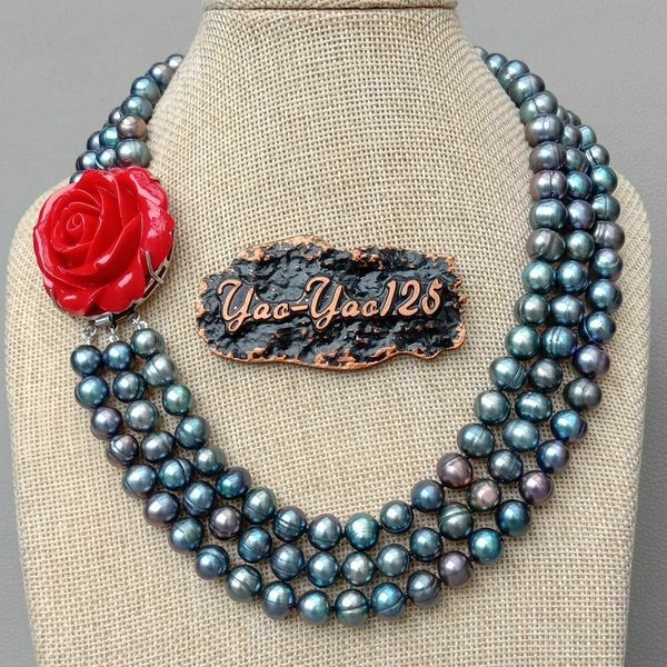 

18" 3 rows freshwater black pearl necklace 0927, Silver