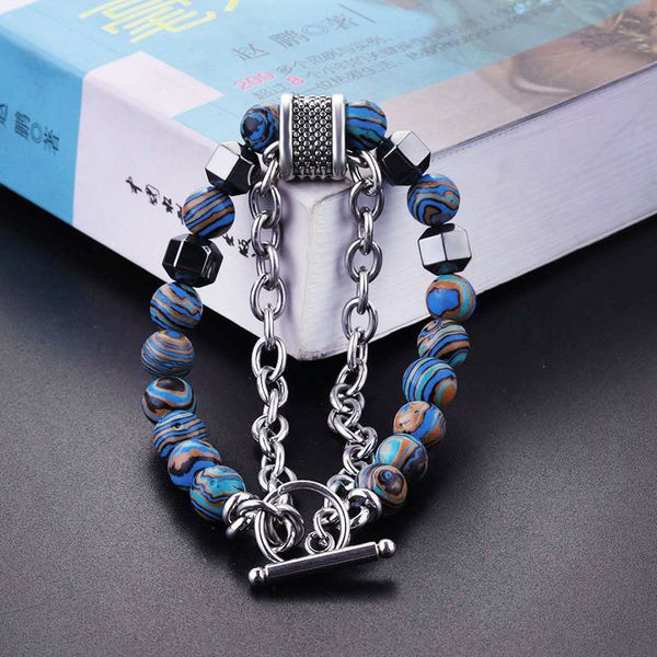 

bracelet men natural stone beads stainless steel chains on hand gift for man accessories hip hop double layer bracelet wholesale, Black