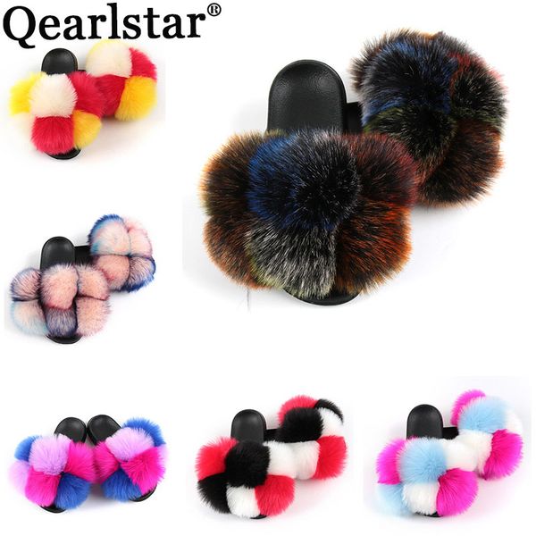 

qearlstar женщины летние тапочки слайды real меховые сандалии luxury пушистый натуральной вьетнамки женский симпатичные плоские туфли н y20, Black