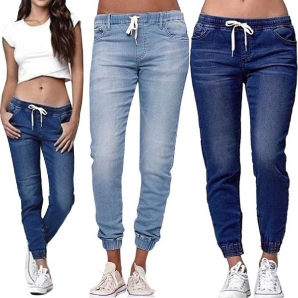 

women solid color drawstring ankle tie slim stretchy jeans plus size denim bandage pants, Blue
