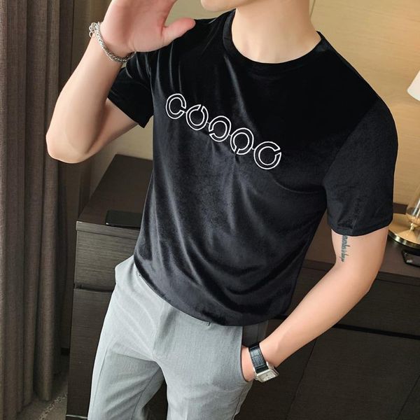 

2020 summer embroidered short sleeve round neck t-shirt bottoming shirt green streetwear velvet tee shirt homme 3xl t200528, White;black