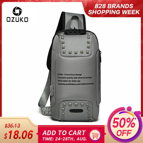 

ozuko fashion men rivet crossbody bags anti-theft messenger bag usb charging chest pack short trip water repellent shoulder bag