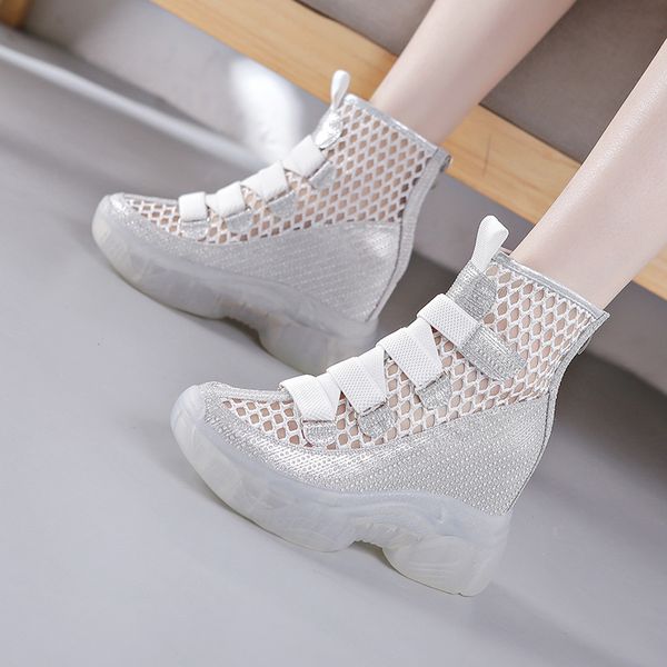 

thick-soled short boots 2020 new summer breathable thin section increased female sandals mesh hollow sandals women, Black