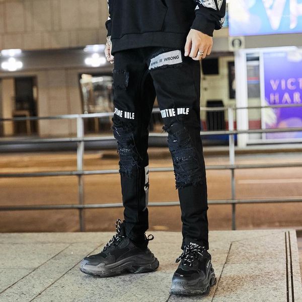 

mens ripped jeans fashion black print patchwork jeans pencil pants zipper skinny street casual mens trousers tkpa, Blue