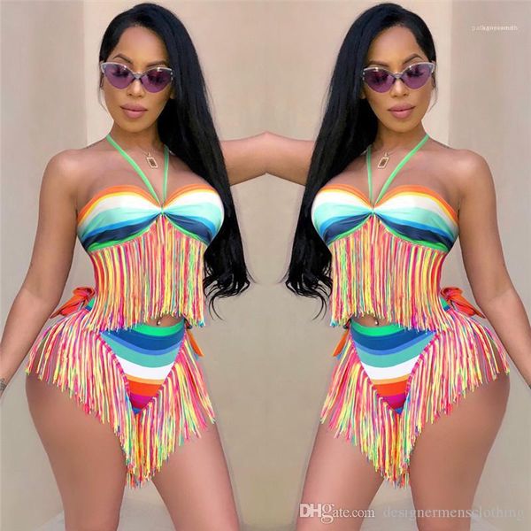 

halter panelled backless swimwear womens bathing suits ladies striped skinny swimwear 2pcs tassel womens bikinis summer, White;black