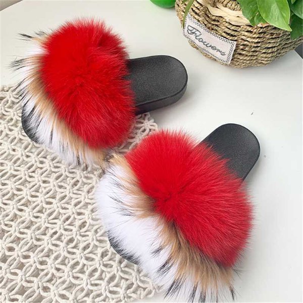 

women real fur slippers house furry fur slides summer female shoes fluffy plush ladies sandals flip flops flat outdoor, Black