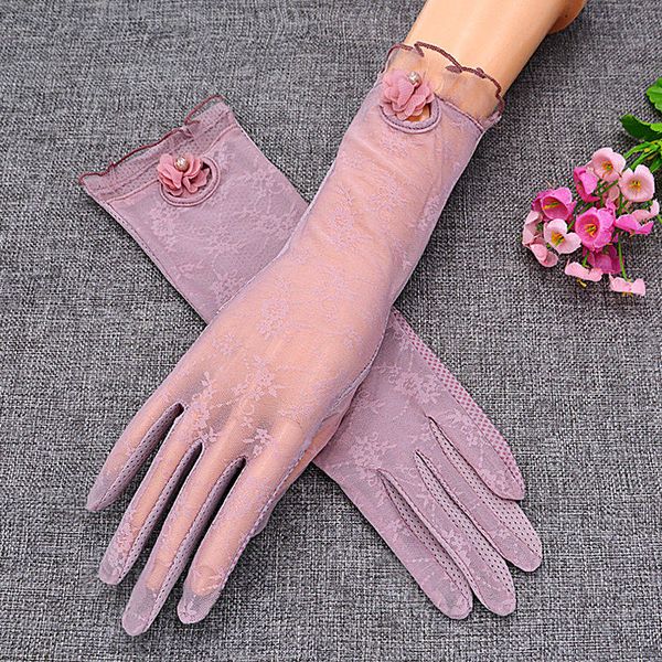 

summer autumn female uv sunscreen short sun touch screen gloves fashion women thin silk lace flower pearl driving glove, Blue;gray
