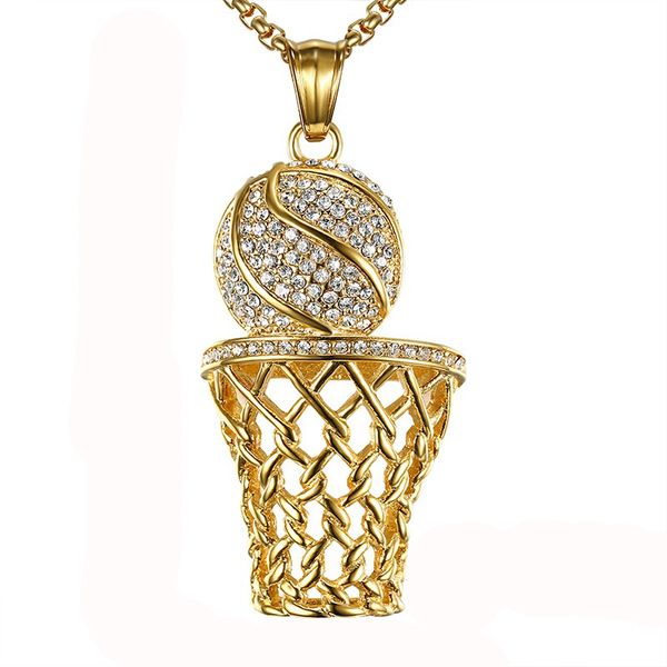 

hip hop iced out basketball entering frame pendant necklace men gold color stainless steel sports necklace rock jewelry, Silver