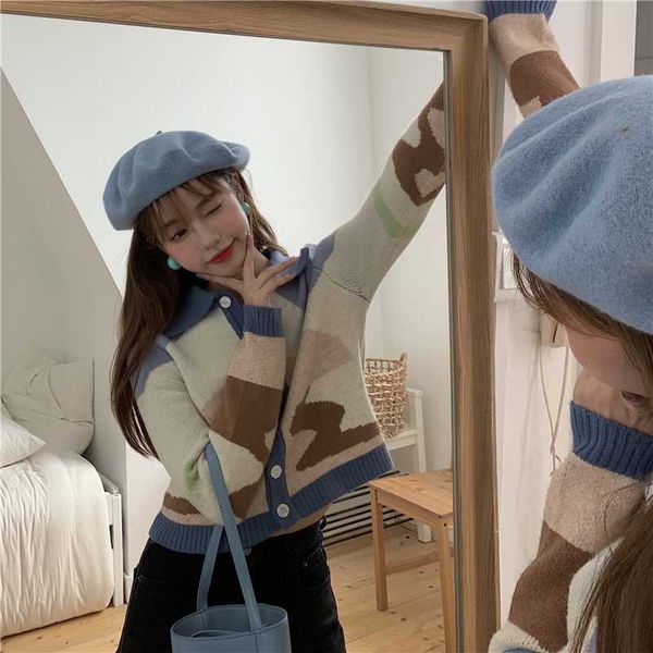 

new product sunset manor short color contrast sweater cardigan sweater coat good girl oil painting pattern lapel gentle wind, White
