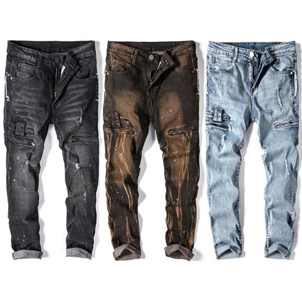 

mens biker jeans pocket zipper hole straight jeans high street mens stretch slim pants splash ink, Blue