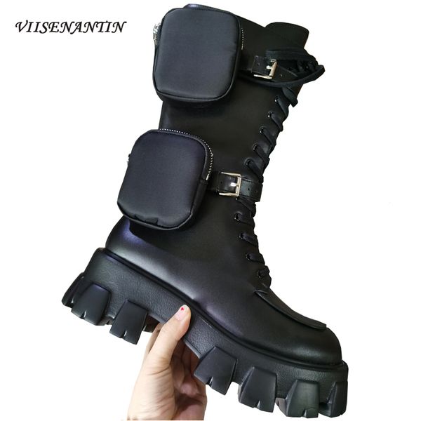 

women black leather pockets bag high boots thick sole flat belt buckle trendy motorcycle bootie female comfortable winter boot