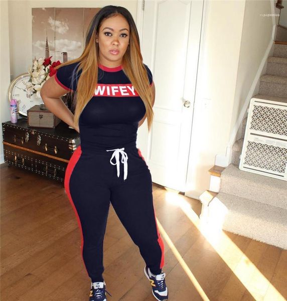 

2pcs pants casual womens clothing print wifey 2 piece woman set summer slim letter, White