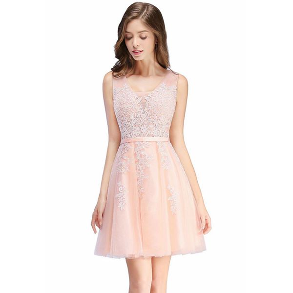 

Free Shipping 2019 Cheap Short Cocktail Dresses Homecoming Dresses A Line V Neck Tulle Appliques Beaded Prom Gowns with Lace-up Back