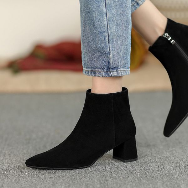

fashion suede leather dress shoes woman winter party office women's boots 2020 side zipper high heels boots, Black