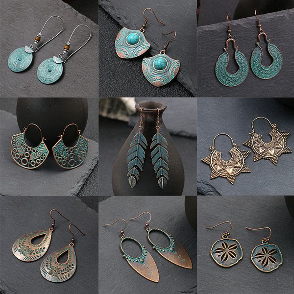 

Han Qi jewelry popular alloy Amazon cross-border geometric earrings earrings wholesale retro lady leaves turquoise