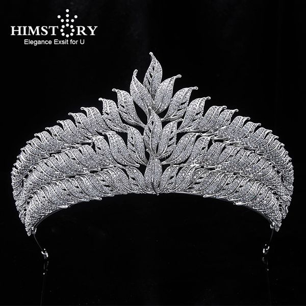 

himstory micro paved full cubic zircon tiara crown luxury peacock leaf crown wedding hair accessories bride cz hairband, White;golden