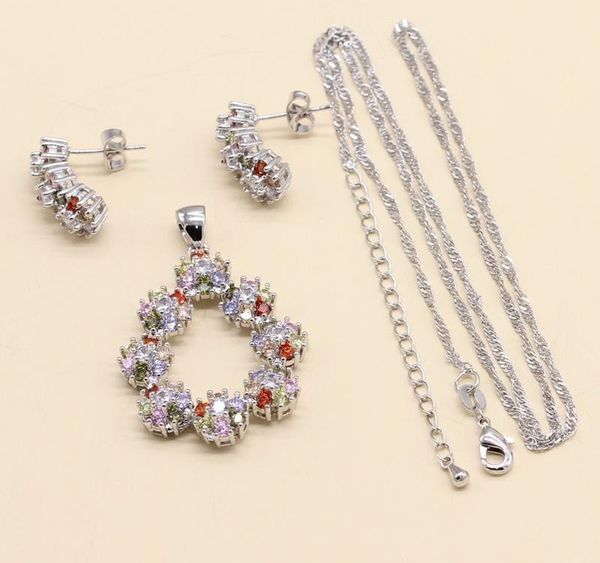 

925 silver bracelet chain pendant stud earrings women flower shape jewelry set christmas gift multi color cubic003, Black