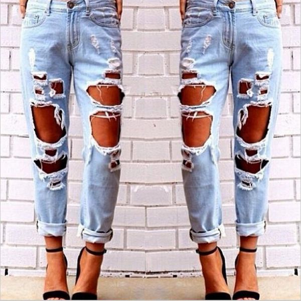 

womens destroyed ripped distressed slim denim jeans boyfriend jeans big hole pencil trousers blue plus size long pants