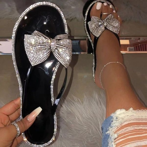 

2020 new women summer slippers fashion bling flat flip flops shoes rhinestone bow outdoor beach ladies slippers, Black