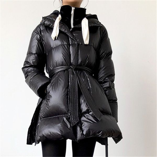 

2020 black down jacket female new winter white goose down glossy hooded waist slim down jacket fashion casual outerwear women
