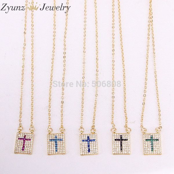 

6pcs zyz330-3558 gold jewelry shiny cz zirconia cross in rectangle shape pendant necklace for women gift collares, Silver