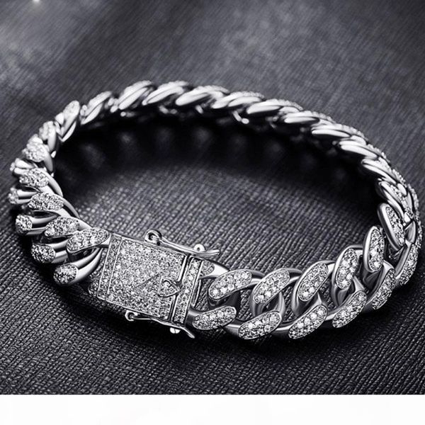 

mens hip hop 18k gold plated copper cz zircon 8inch cuban link clasp bracelet with gift box fashion gold silver jewelry quality, Black