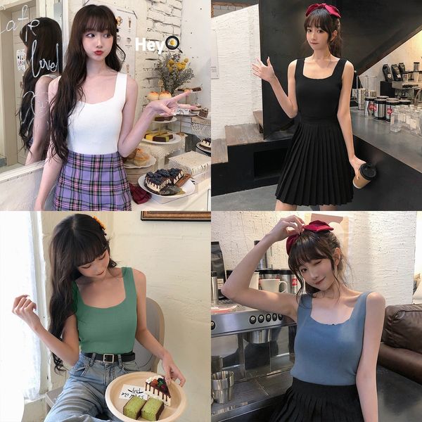 

сплошной цвет короткий слинг трикотаж внутри и снаружи жилет трикотаж женщин 2020 летняя база рубашки сексуальный небольшой suspender топ же, White;black