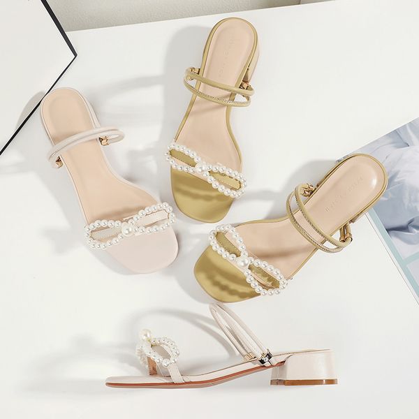 

women's sandals 2020 solid split leather slippers string bead butterfly double wear square high heels female slippers plus size, Black