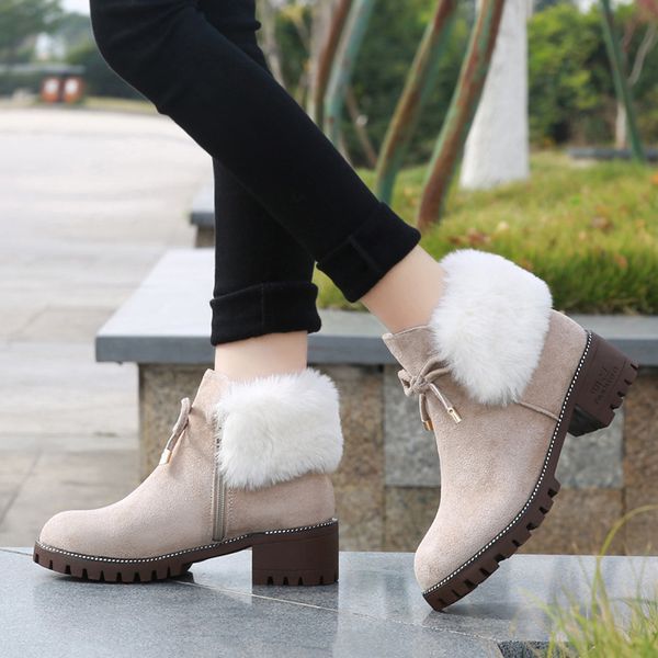 

fur plush women's ankle boots high heel zipper platform snow boots winter warm women's shoes female casual short, Black