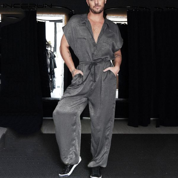 

incerun fashion men jumpsuit solid casual chic rompers shortsleeve streetwear 2020 shiny party loose mens overalls pockets pants, Black