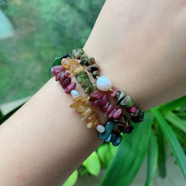 

reiki healing jewelry chakra quartz tourmalines crystal bracelets small chips stone beads natural baroque pearls bracelets women, Golden;silver