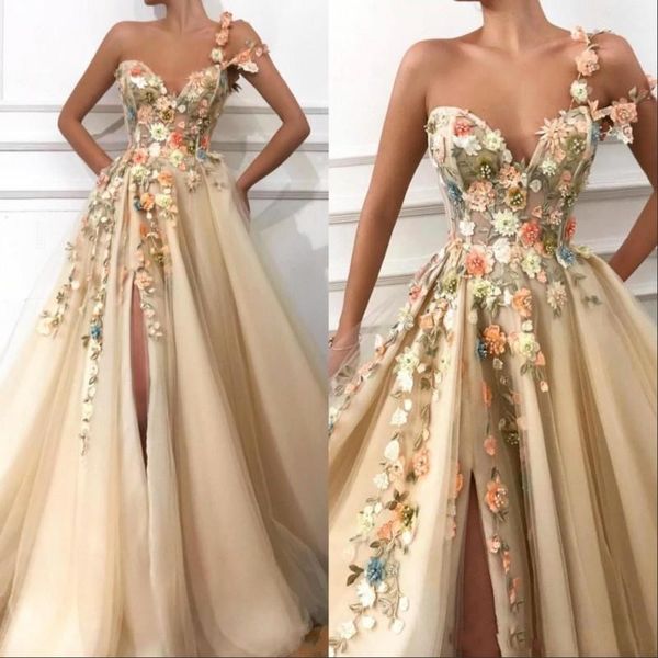 

New Luxurious Champagne Evening Dresses A Line One Shoulder Lace Appliques 3D Floral Flowers Beaded Split Special Occasion Prom Dresses Wear